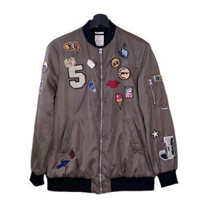 Zara Bomber Jacket Womens S Olive Green Satin Streetwear Patches Pins Sequines